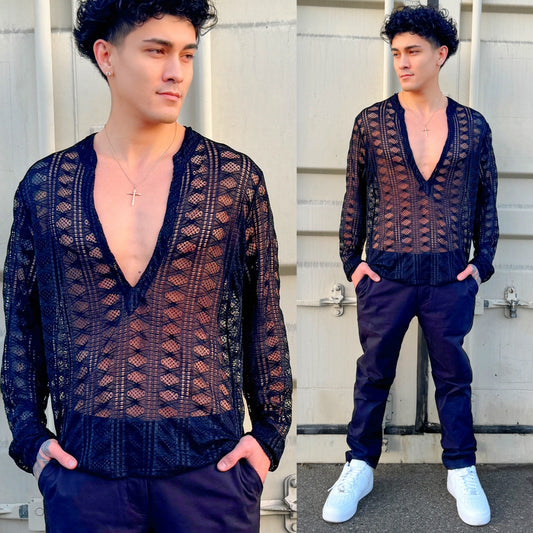 Midnight Allure Mesh Lace Long Sleeve V-Neck Shirt