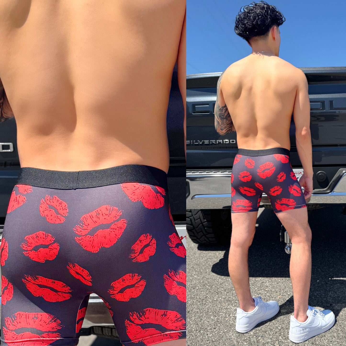 Red Lipstick Kisses Black Boxer Briefs, back side
