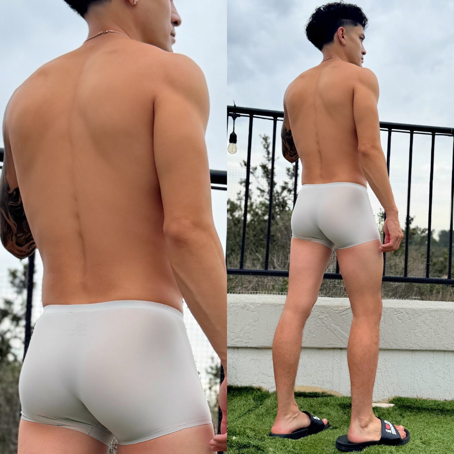 strands of silver boxer briefs, back side