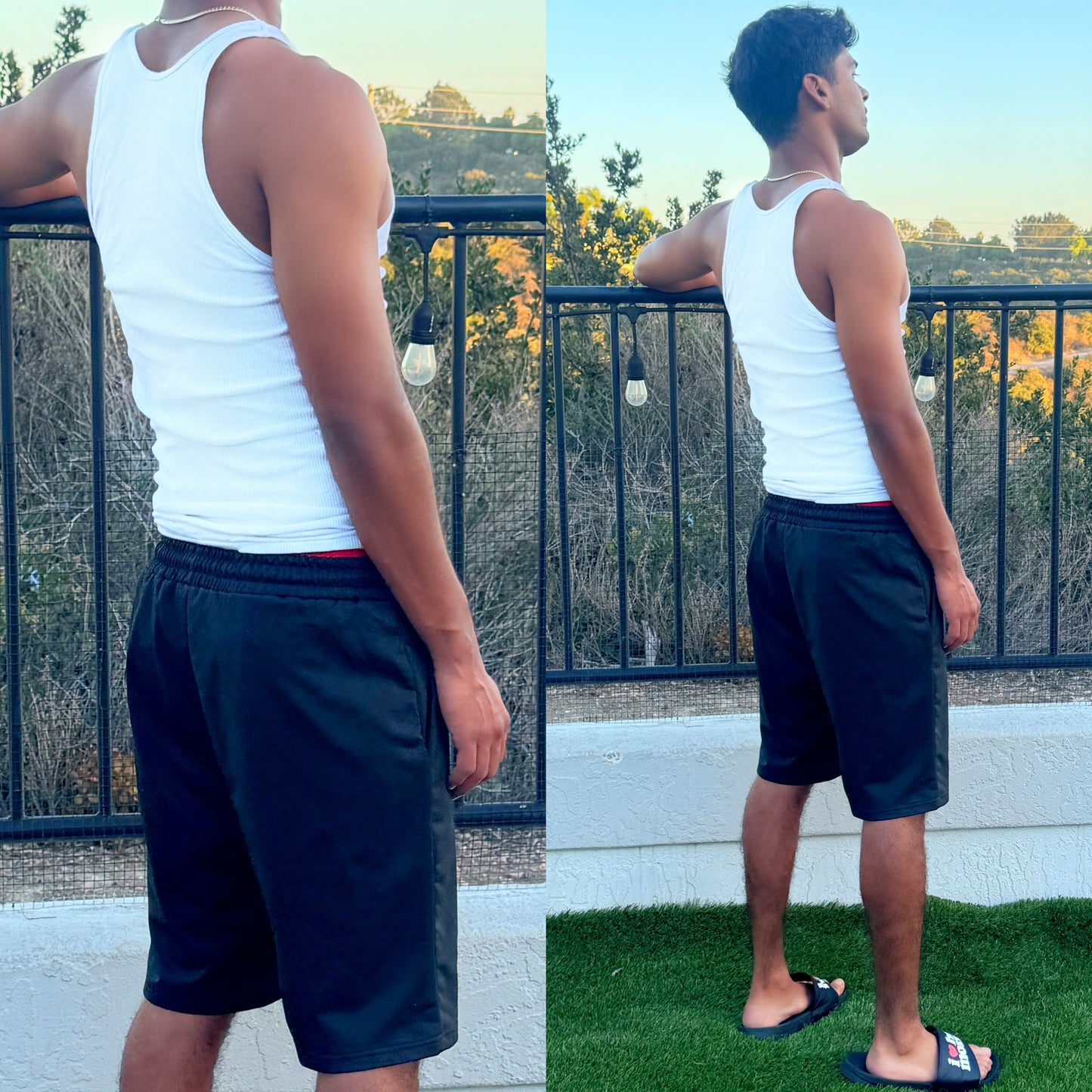Hoochie Daddy Black Sweatshorts, back side model Nico Mendoza