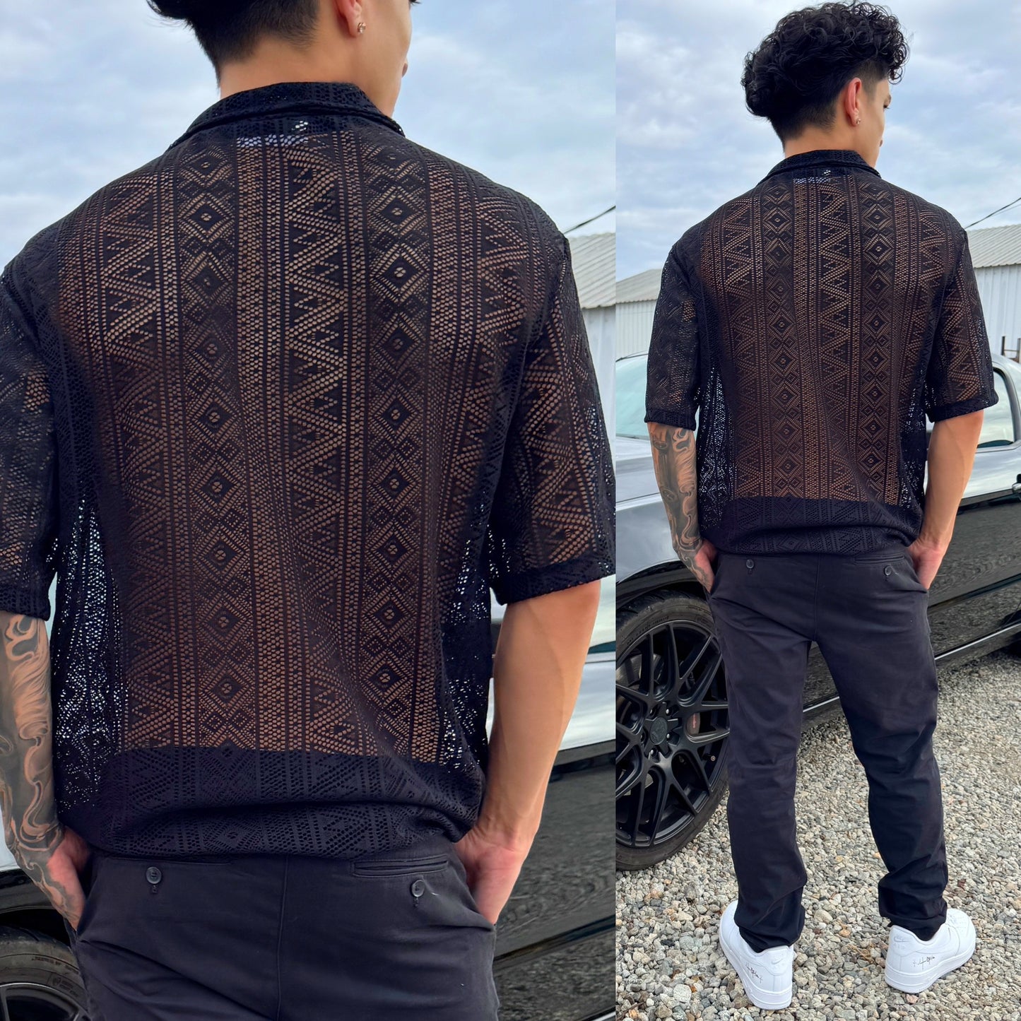 Black Maverick Sheer Short Sleeve Button-Up Shirt, back side