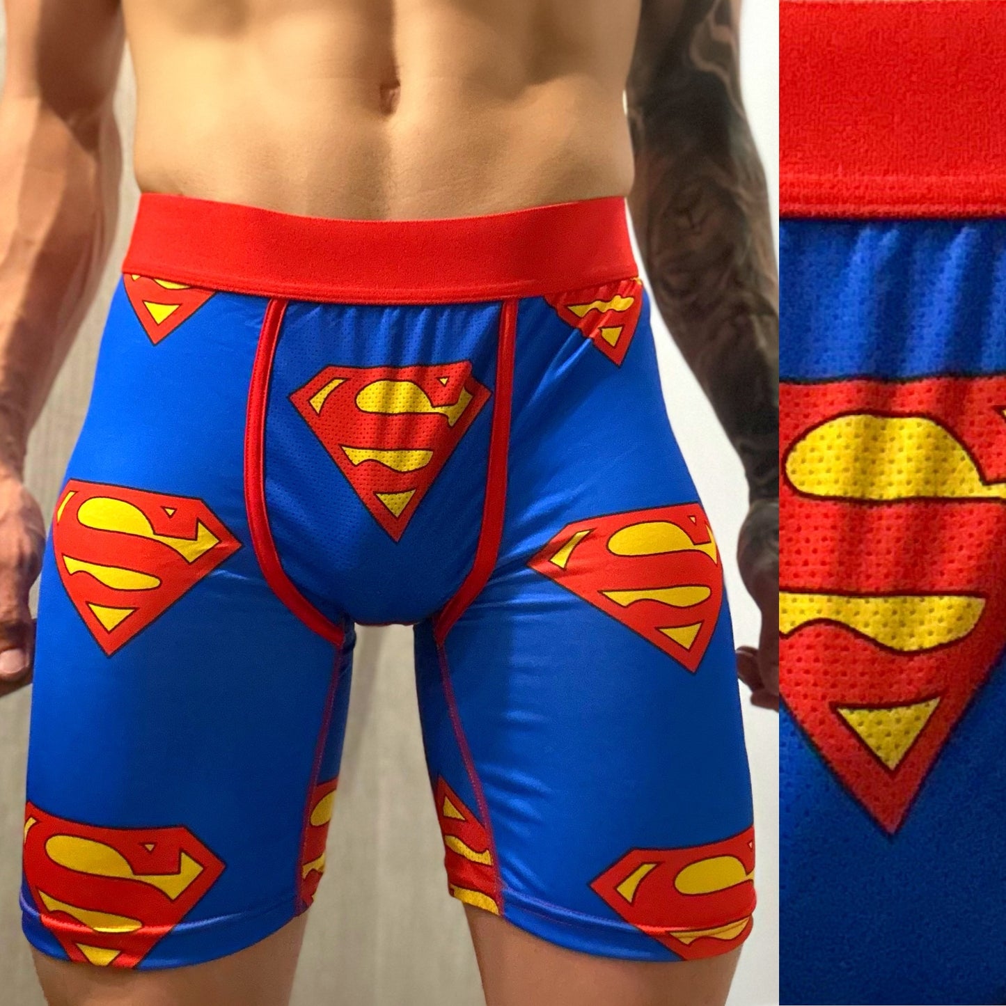 Red & Blue Superman Boxers, Front Side Close-Up