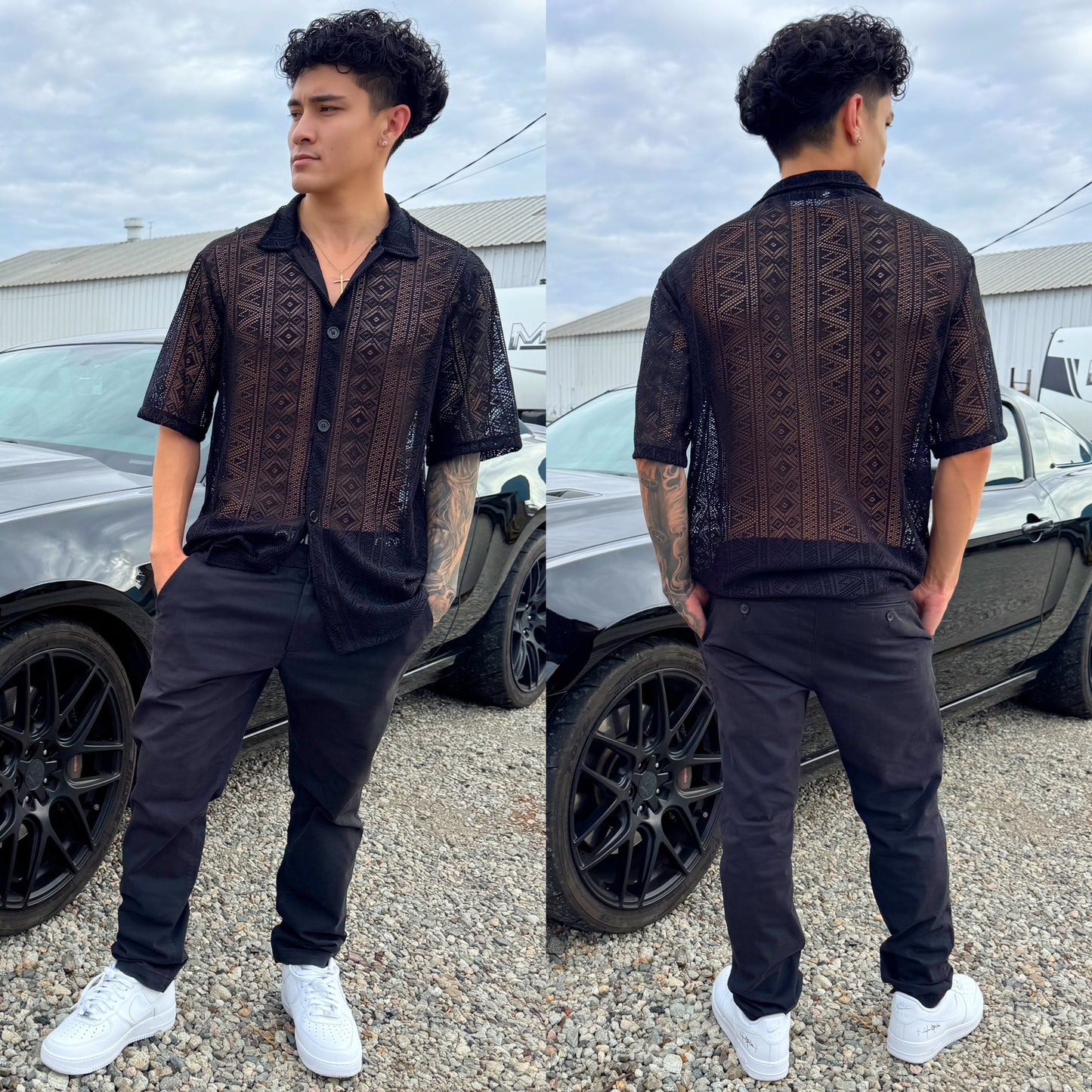 Black Maverick Sheer Short Sleeve Button-Up Shirt, front side