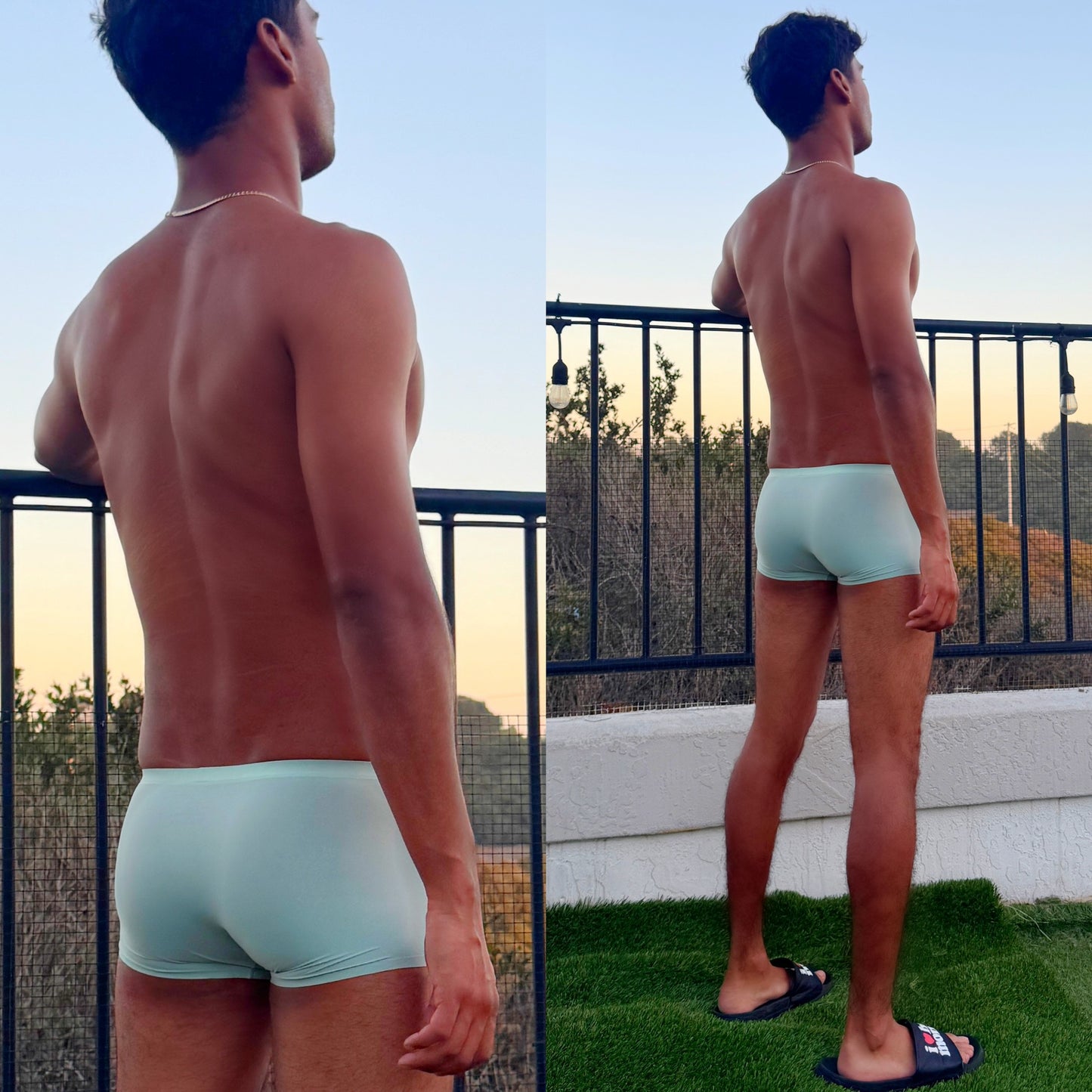 Lagoon Green Boxer Briefs, nico shirtless male model, back