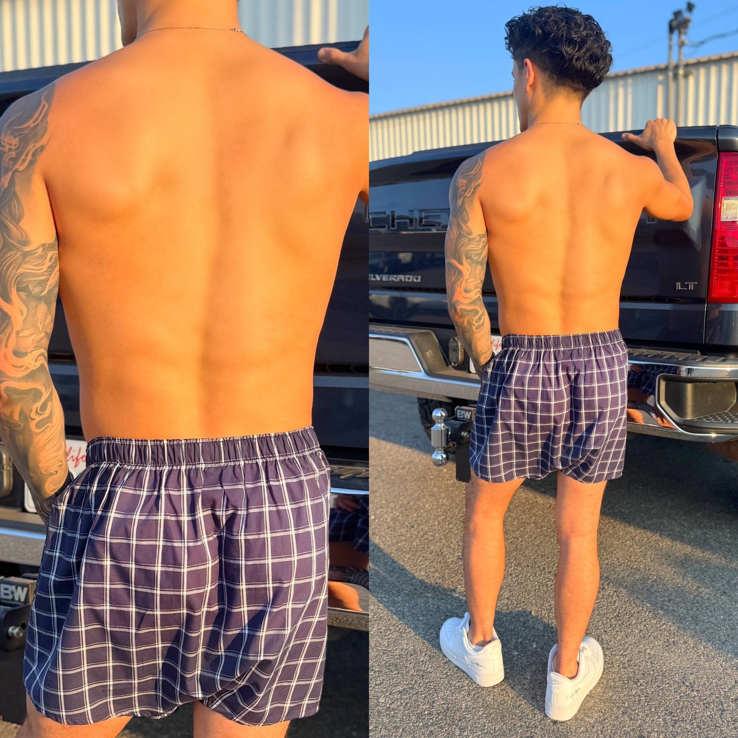 Dark blue plaid boxer shorts, back side