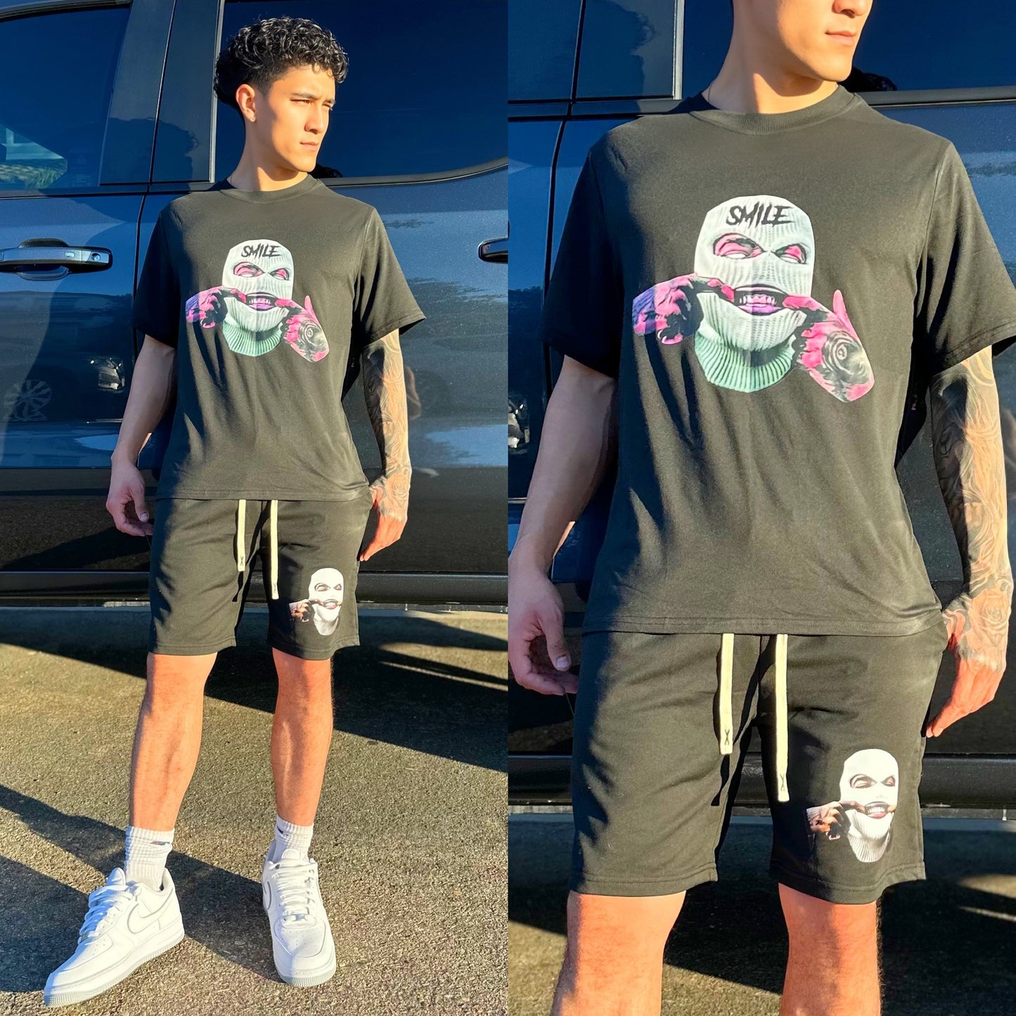 FINAL SALE Ski Mask Oversized Graphic Tee Black Crew Neck T-Shirt