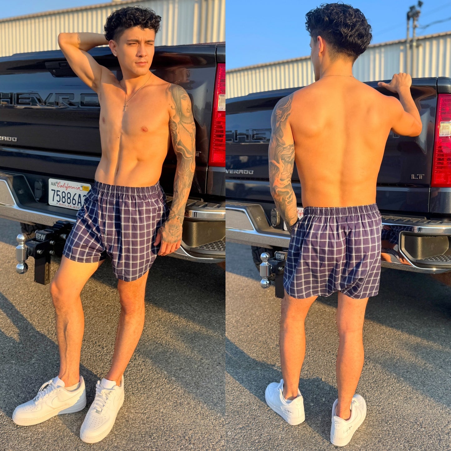 Dark blue plaid boxer shorts , color