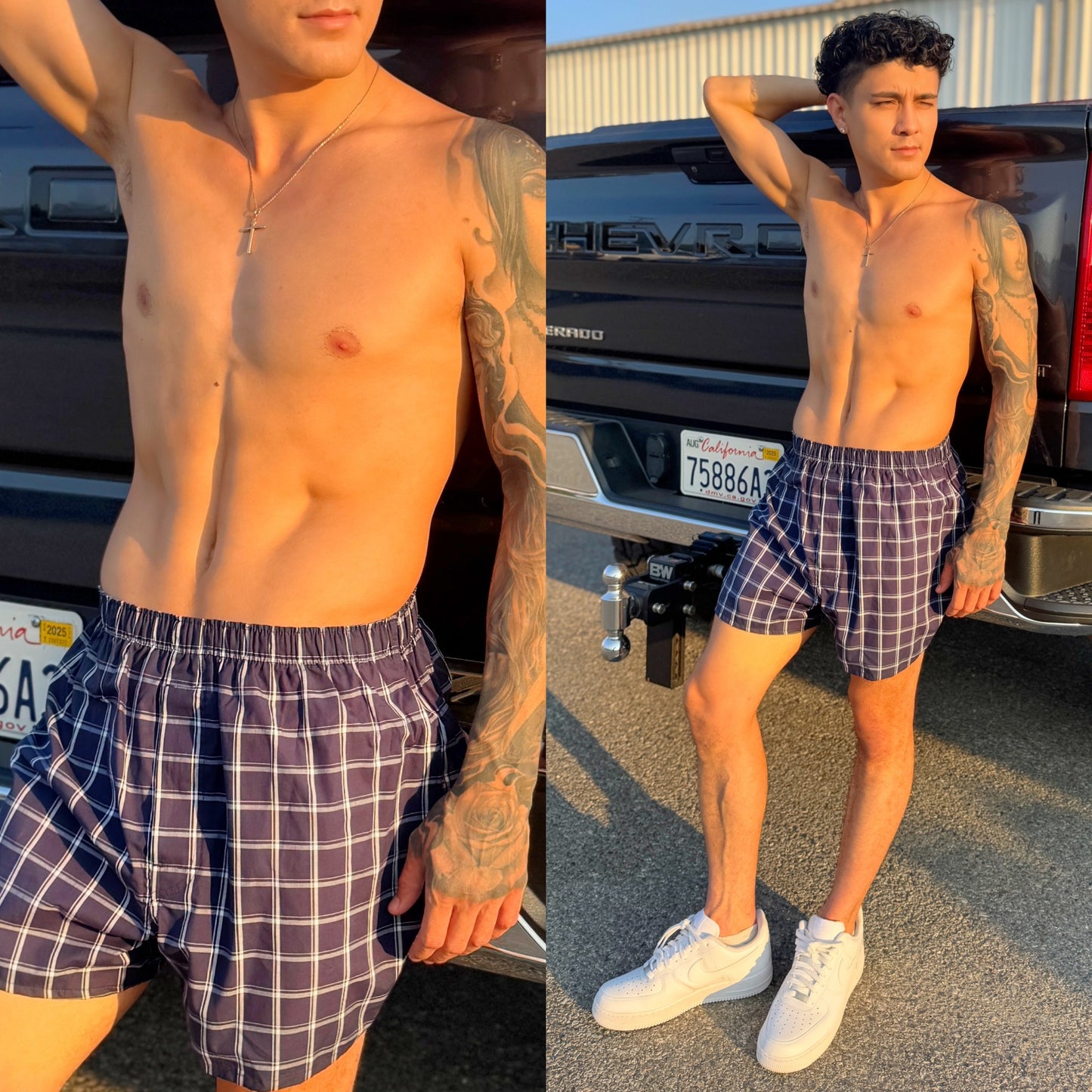 Dark blue plaid boxer shorts , front side