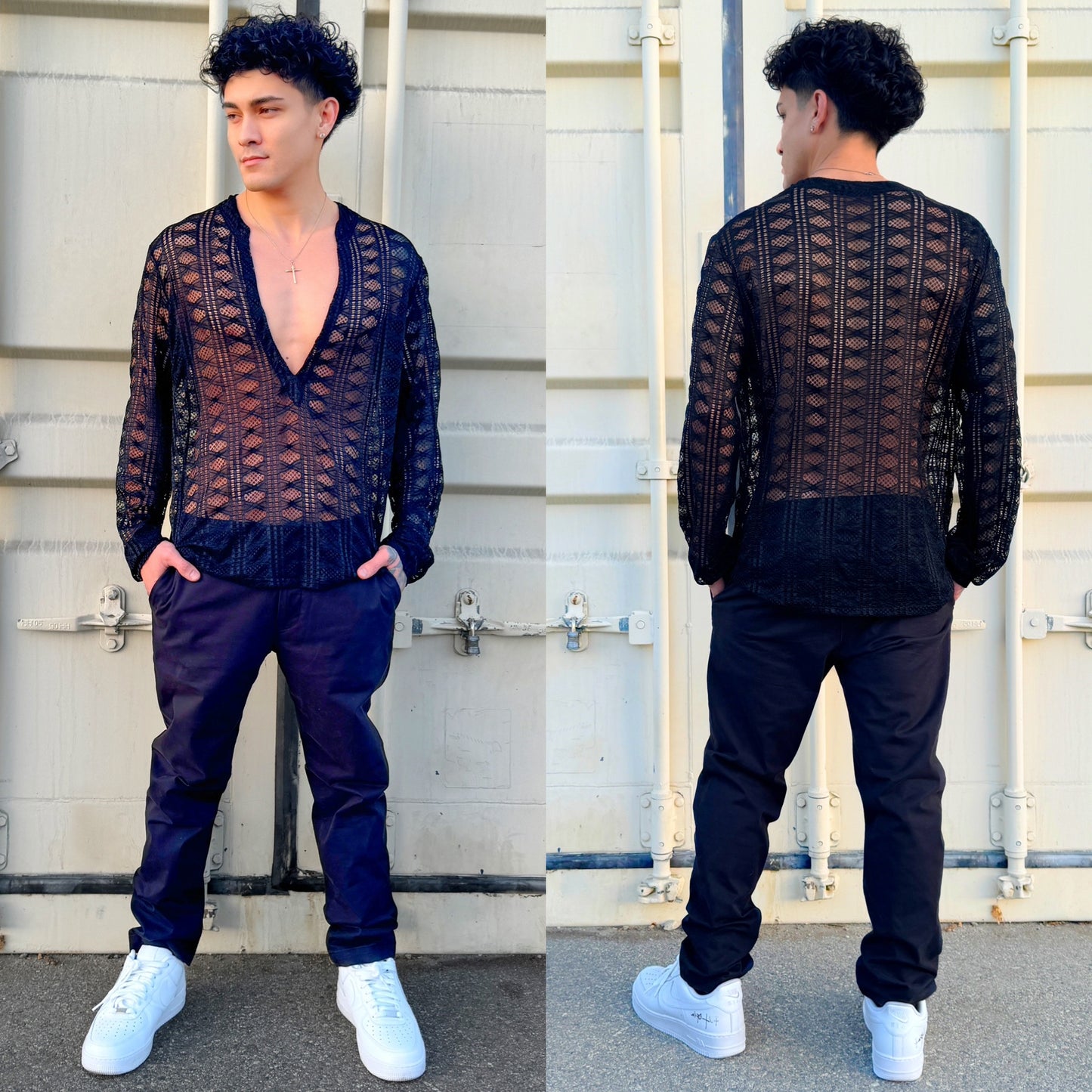 Midnight Allure Mesh V-Neck Long Sleeve Shirt, detail
