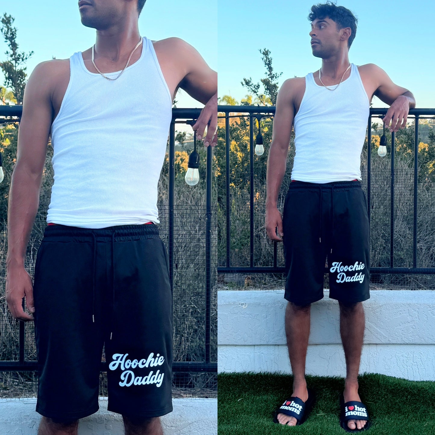 Hoochie Daddy Black Sweatshorts, front side of model nico mendoza