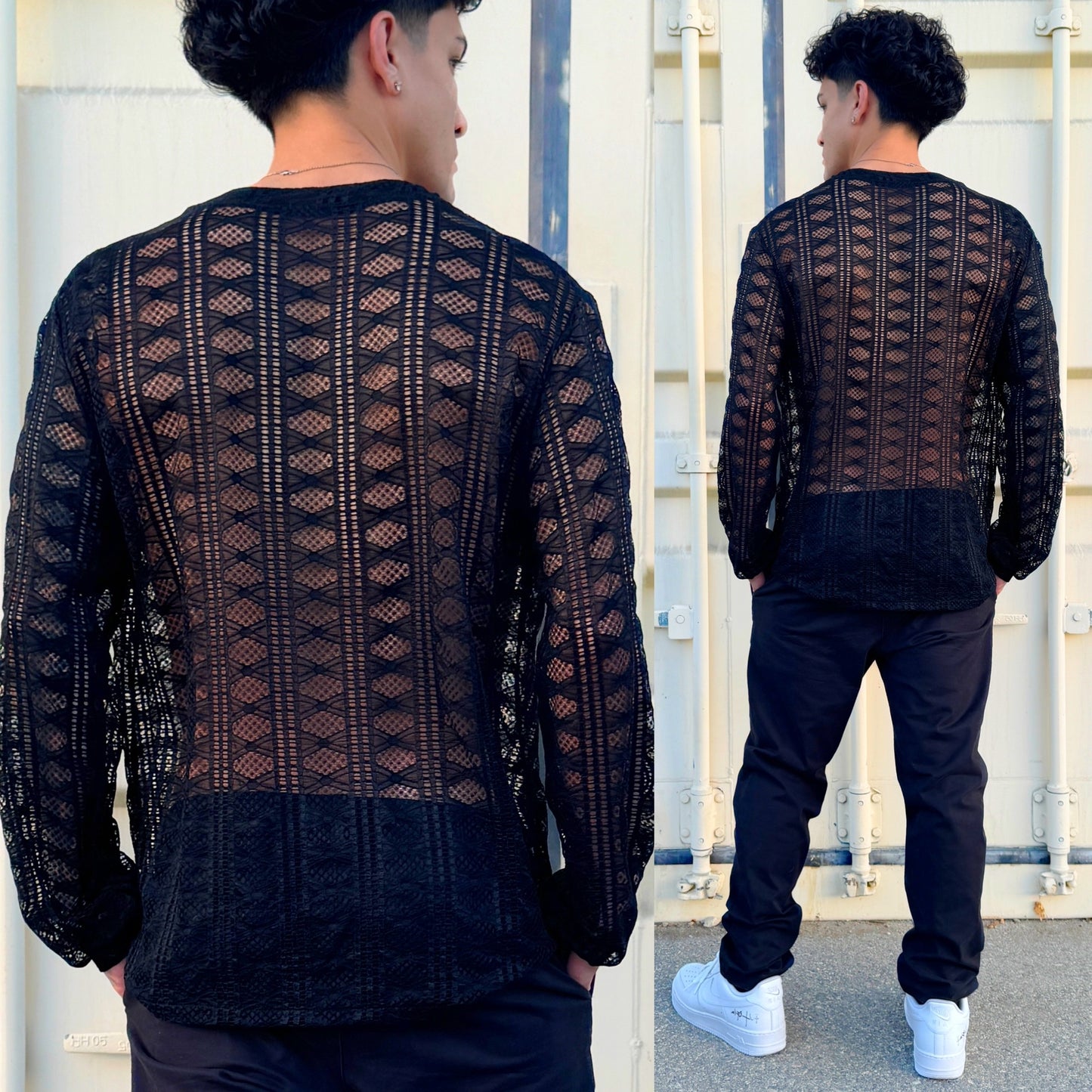 Midnight Allure Mesh V-Neck Long Sleeve Shirt, back side