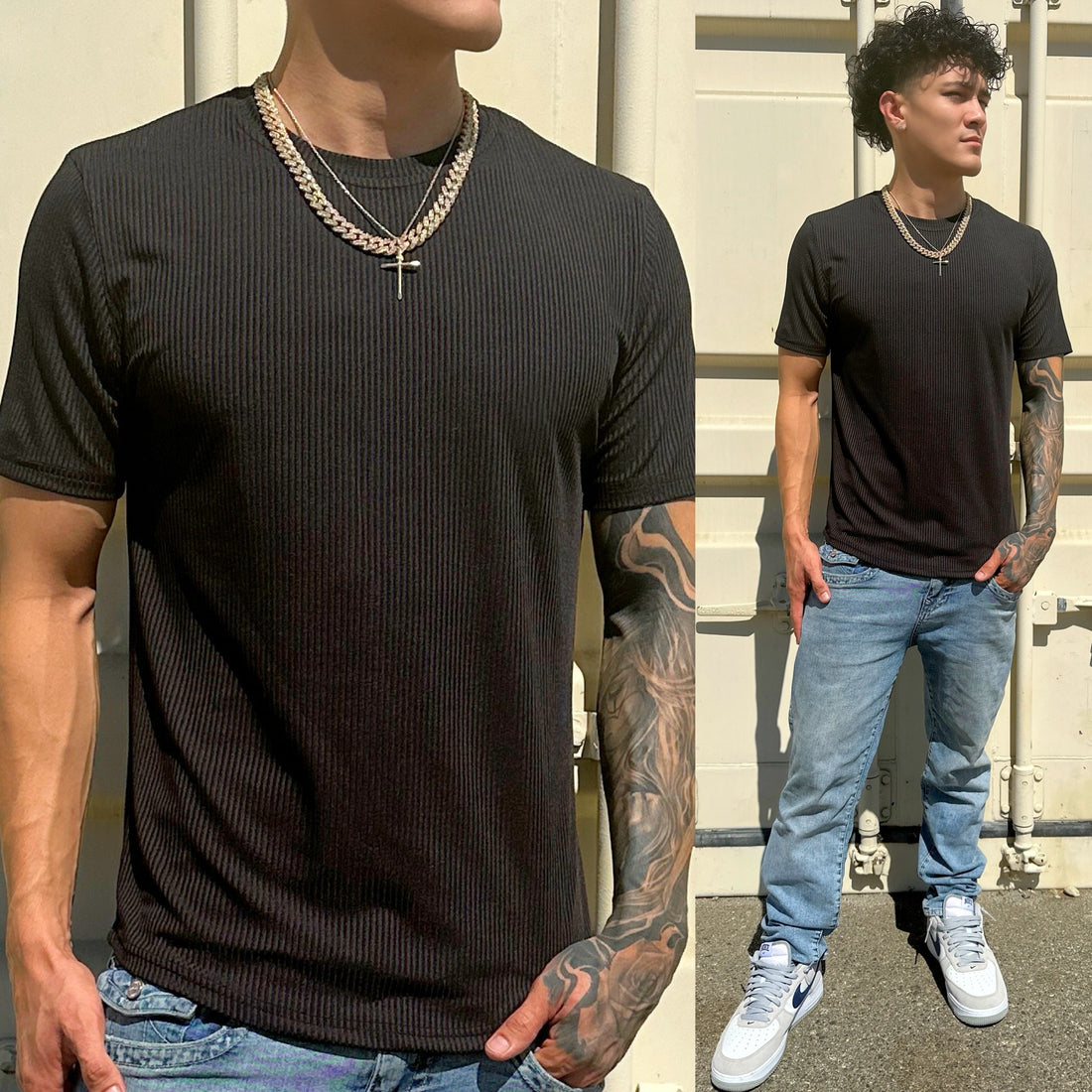 Black Ribbed Flex Crew Neck T-Shirt, Front Side