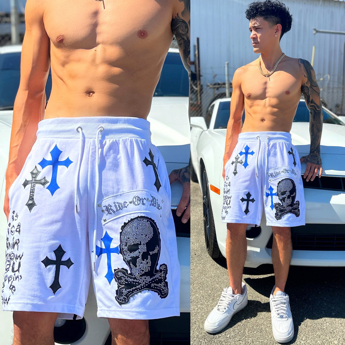 American "Ride Or Die" Skull & Crossbones White Sweatshorts, Color