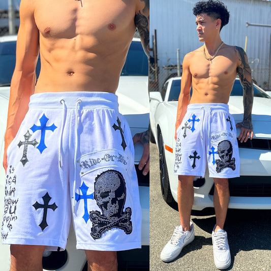 American "Ride Or Die" Skull & Crossbones White Sweatshorts, Color