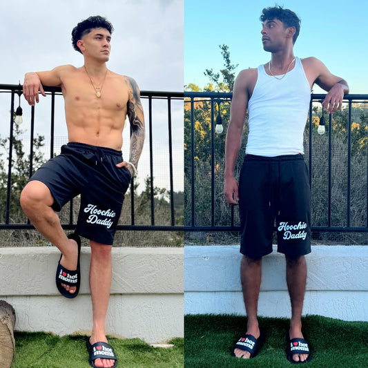 Hoochie Daddy Black Sweatshorts, on models Tristan Wesson and Nico Mendoza