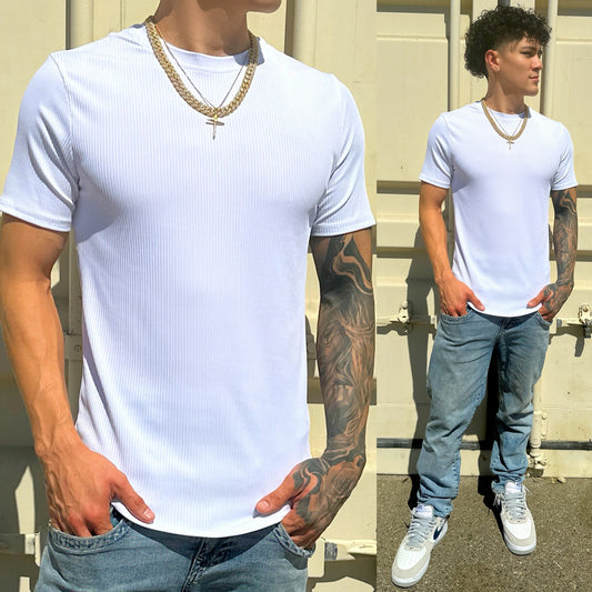 White Ribbed Flex Crew Neck T-Shirt, Front Side