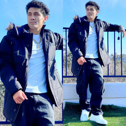 Black Cold Cali Winter Parka Jacket, front close-up