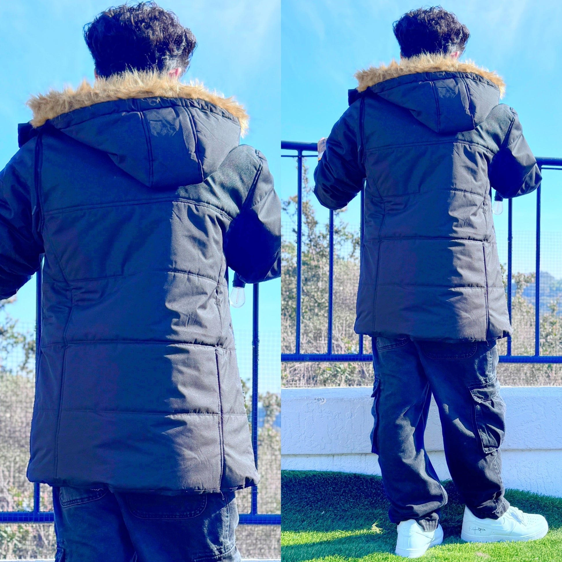 Black Cold Cali Winter Parka Jacket, back close-up