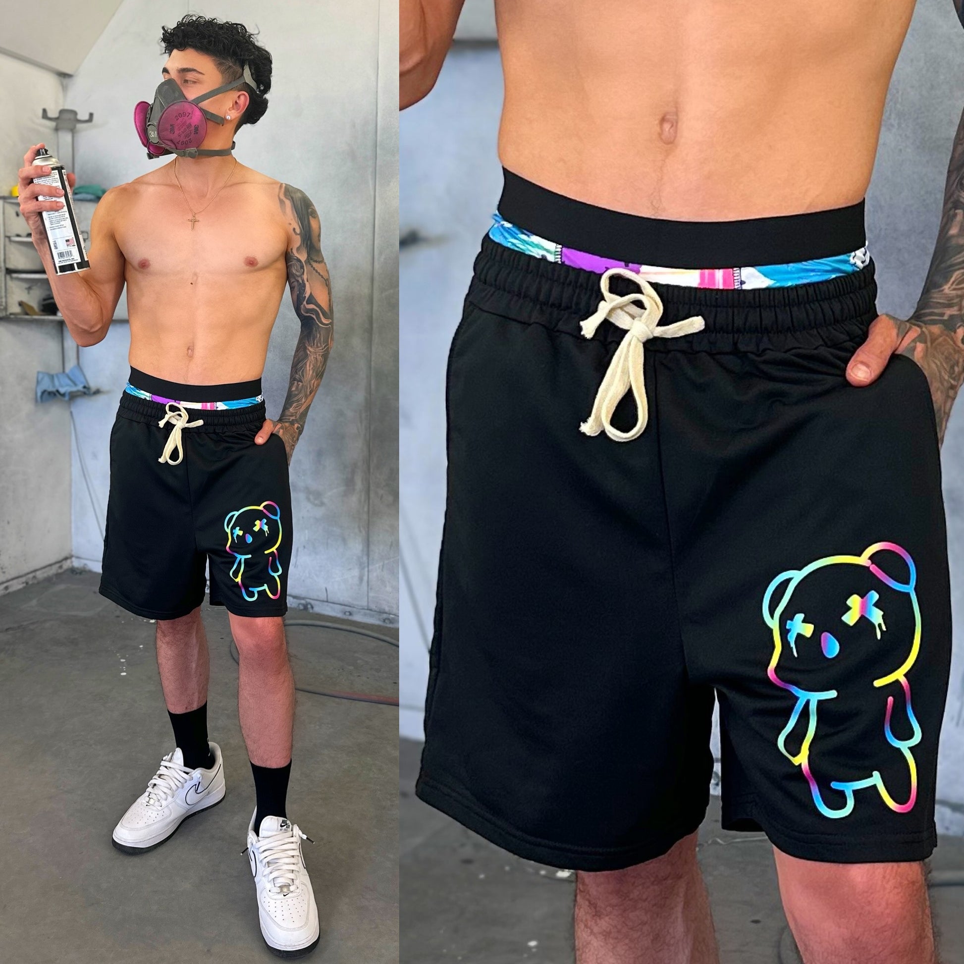 Black Neon Teddy Bear Sweatshorts, Front Side Color