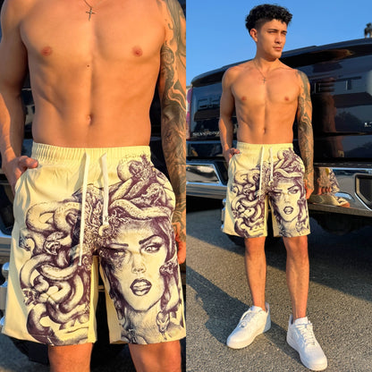 Stone Cold Yellow Medusa Shorts, front side