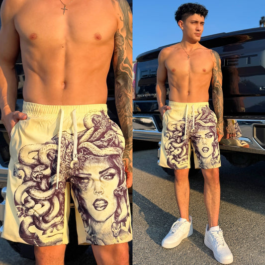 Stone Cold Yellow Medusa Shorts, front side
