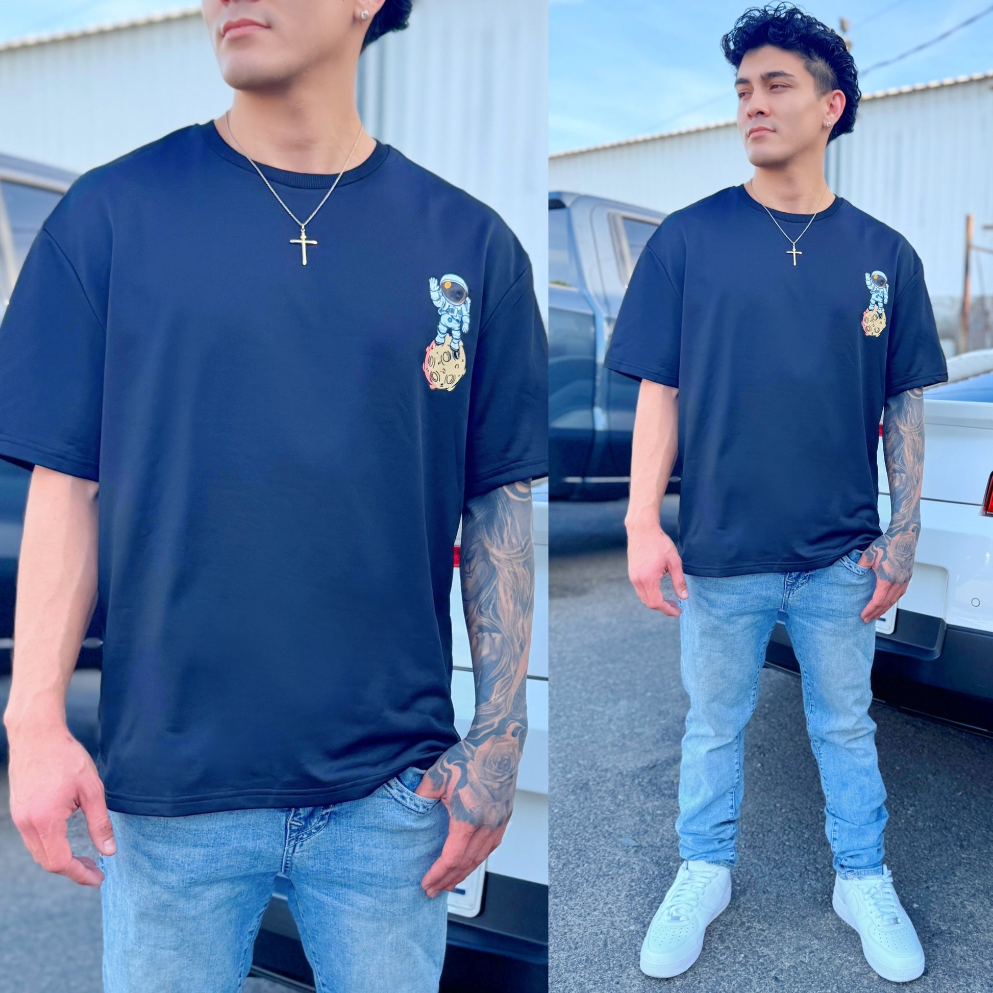 Black Cosmic Drip Crew Neck T-Shirt, front side