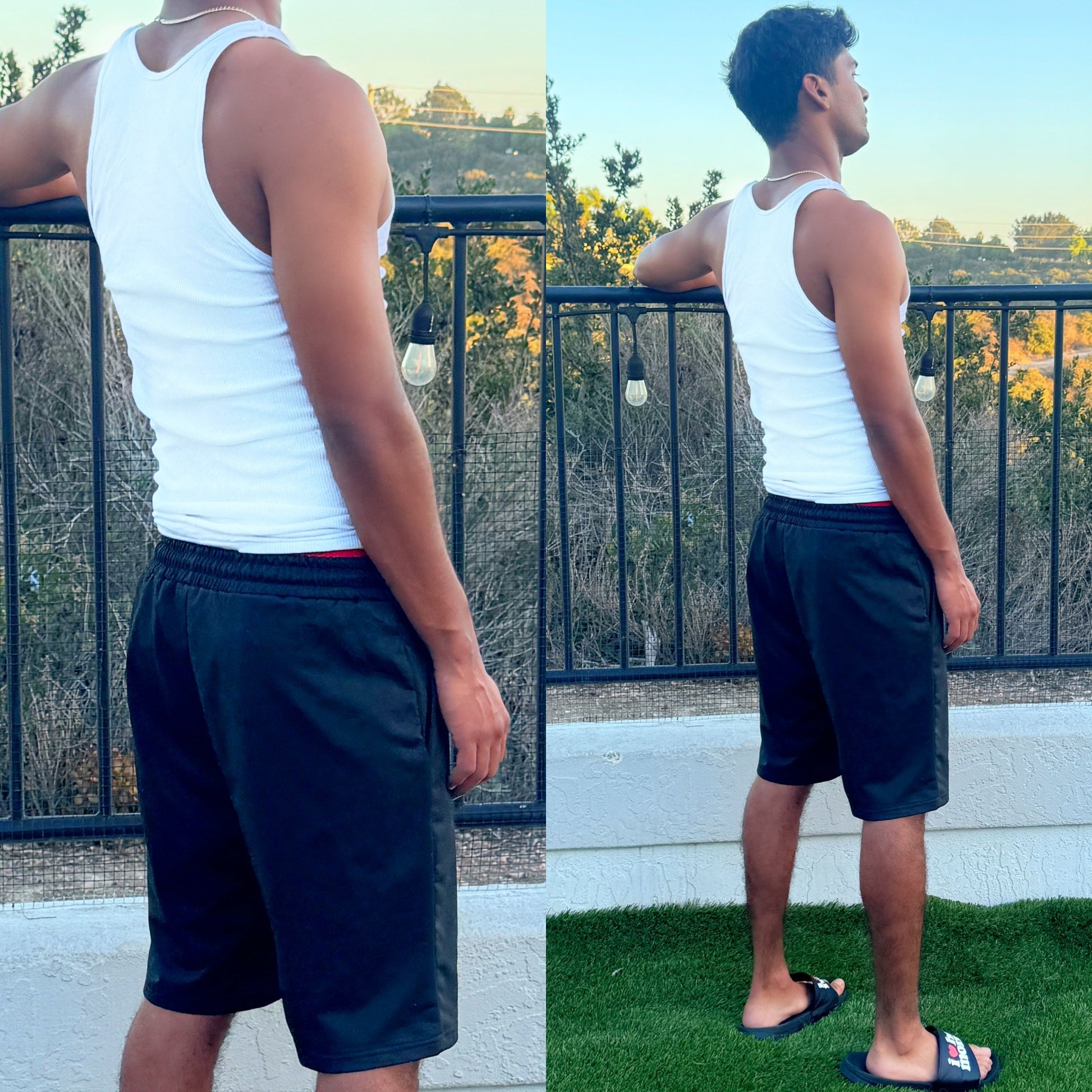 Hoochie Daddy Black Sweatshorts, back side model Nico Mendoza