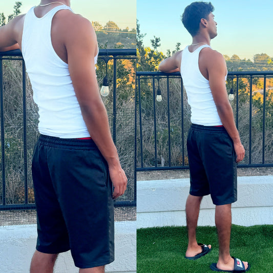 Hoochie Daddy Black Sweatshorts, back side model Nico Mendoza