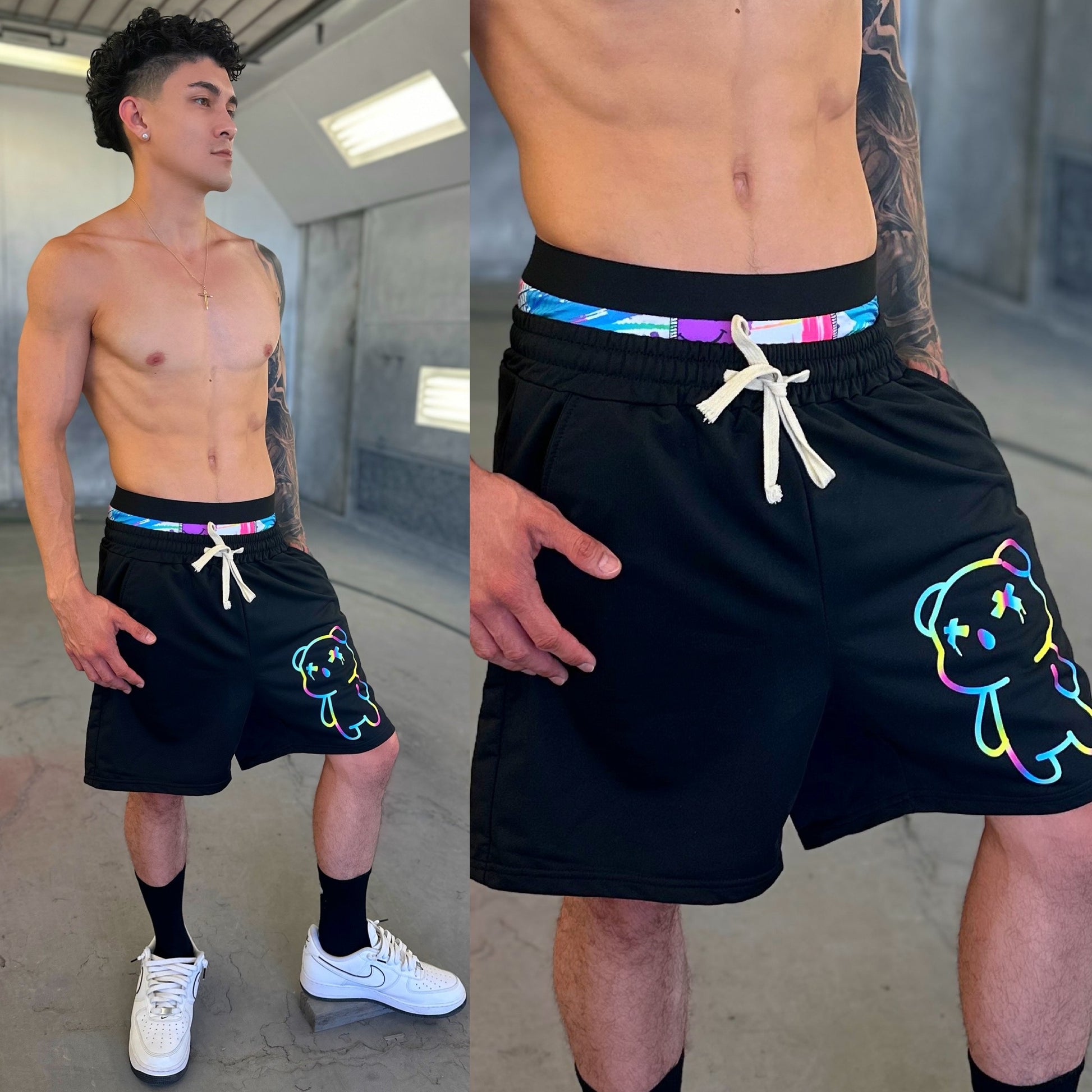 Black Neon Teddy Bear Sweatshorts, Close-Up