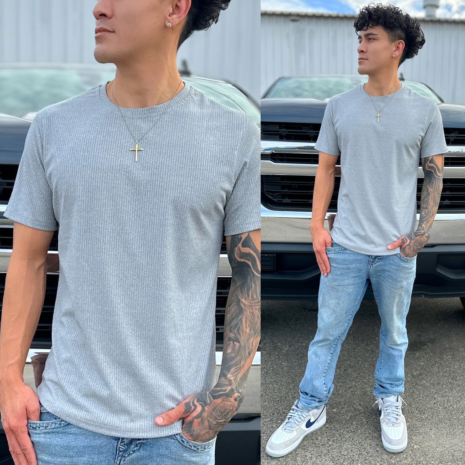 Light Gray Ribbed Flex Crew Neck T-Shirt, Color