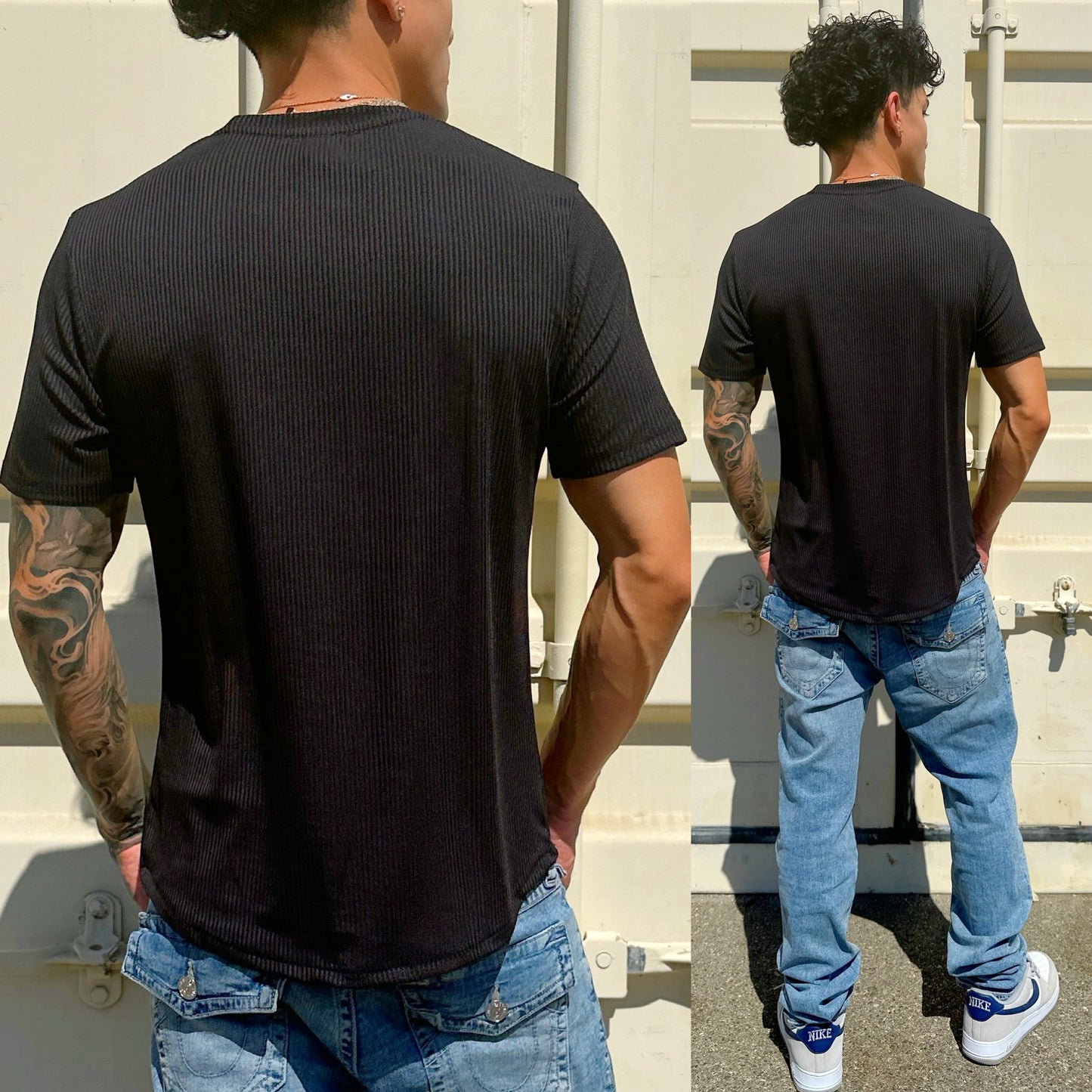 Black Ribbed Flex Crew Neck T-Shirt, Detail