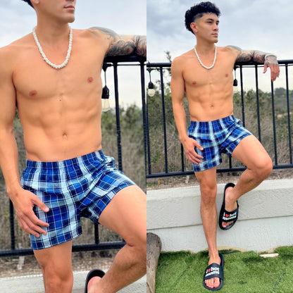 Ocean Blues Plaid Checkered Boxer Shorts, front