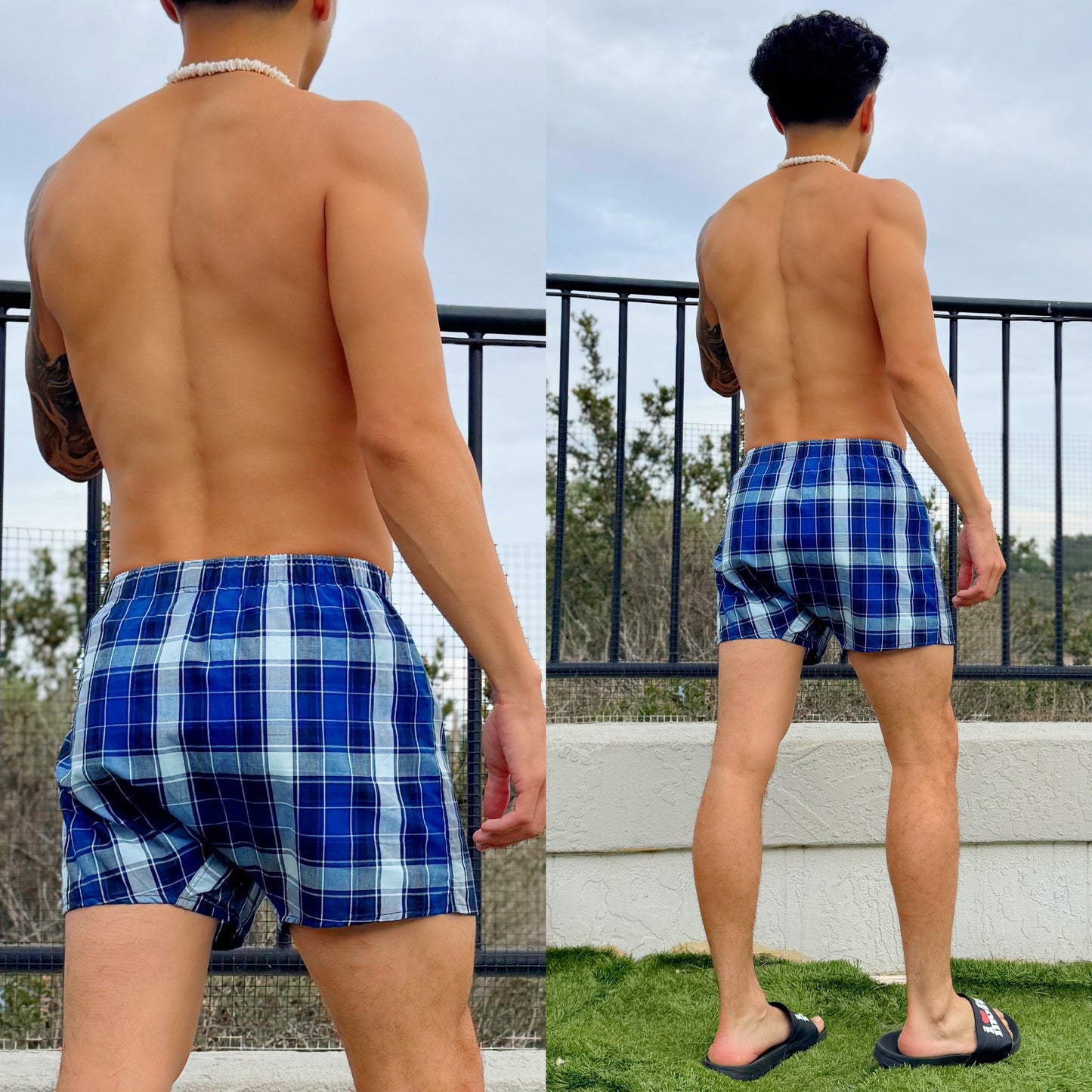 Ocean Blues Plaid Checkered Boxer Shorts, back