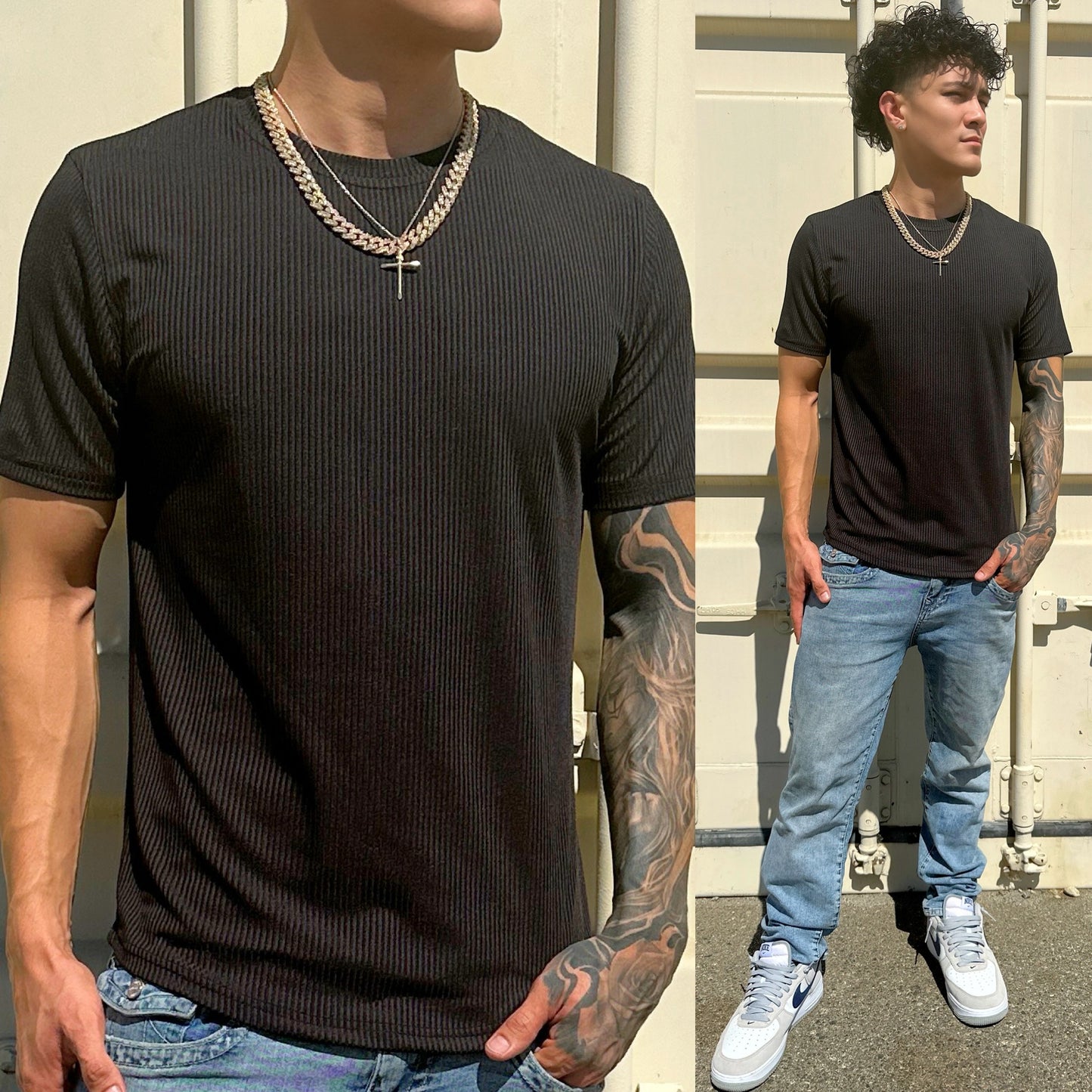 Black Ribbed Flex Crew Neck T-Shirt, Color