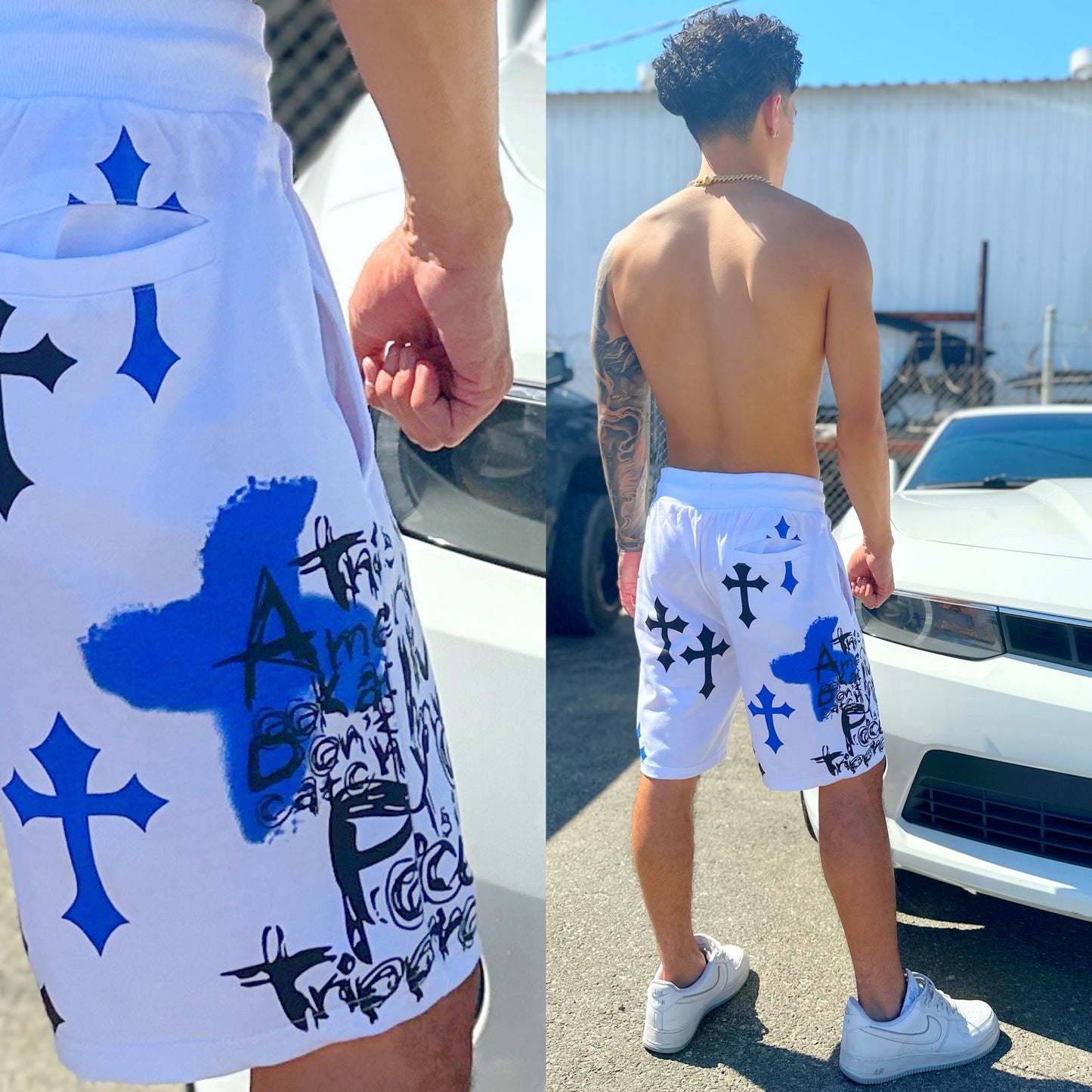 "Ride Or Die" Skull & Crossbones White Sweatshorts, Back Side Detail