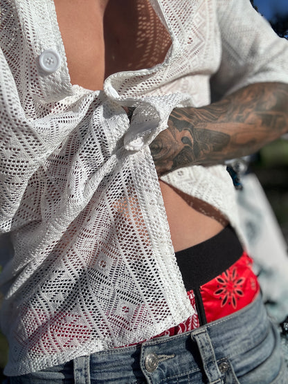 White Maverick Sheer Short Sleeve Button Up Shirt