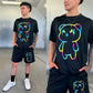 Black Neon Teddy Bear Graphic Tee T-Shirt, Front Side Detail