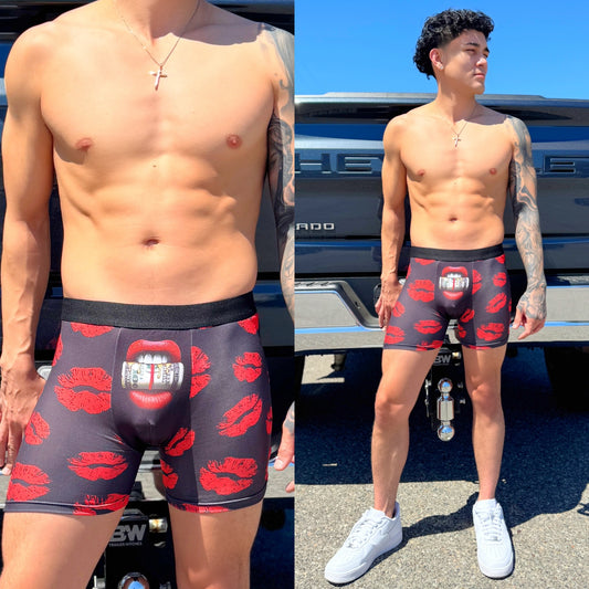 Red Lipstick Kisses Black Boxer Briefs, front side