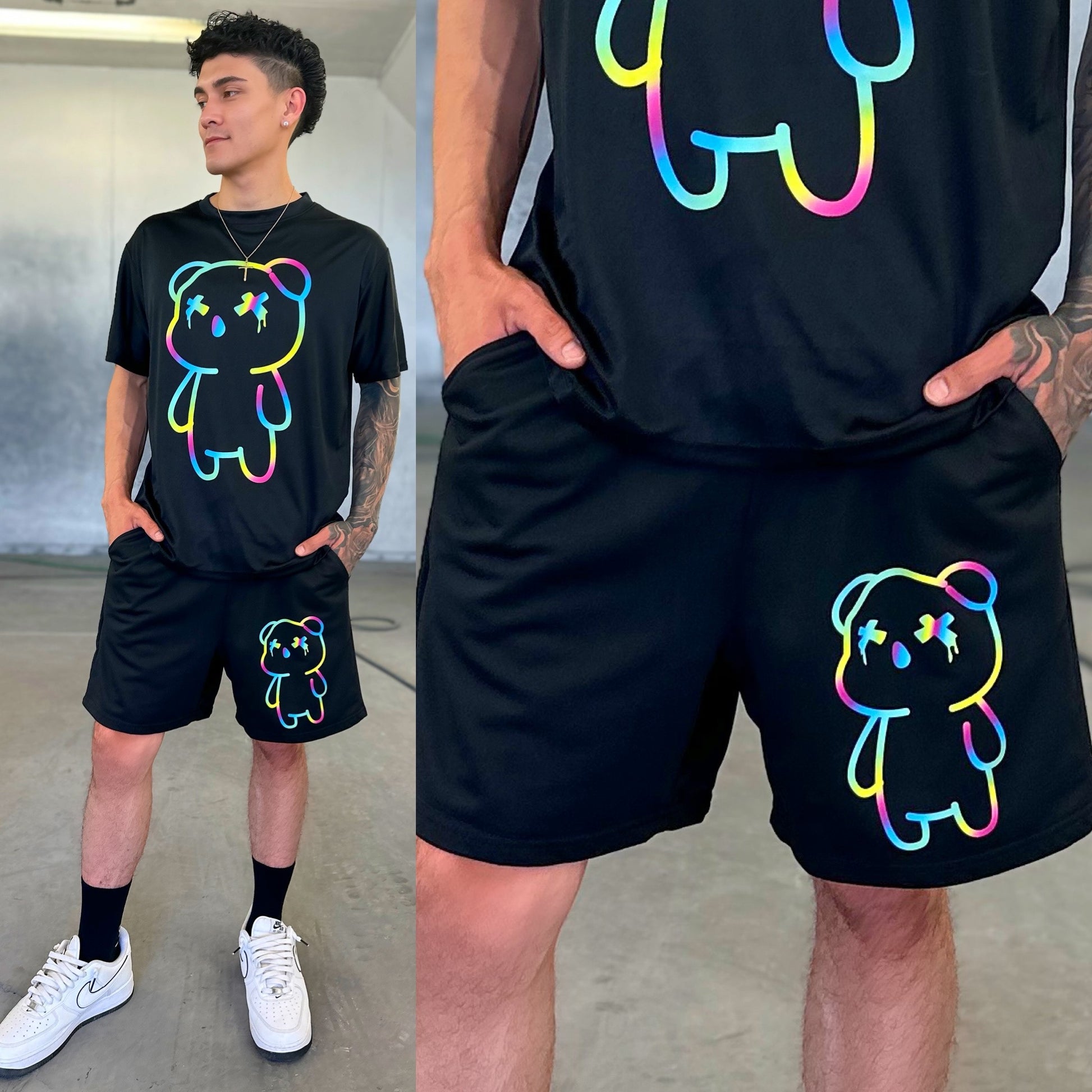 Black Neon Teddy Bear Sweatshorts, Front Side Close-Up