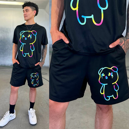 Black Neon Teddy Bear Sweatshorts, Front Side Close-Up