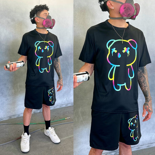 Black Neon Teddy Bear Graphic Tee T-Shirt, Front Side