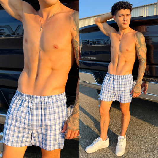 Light Blue Plaid Boxer Shorts, front side