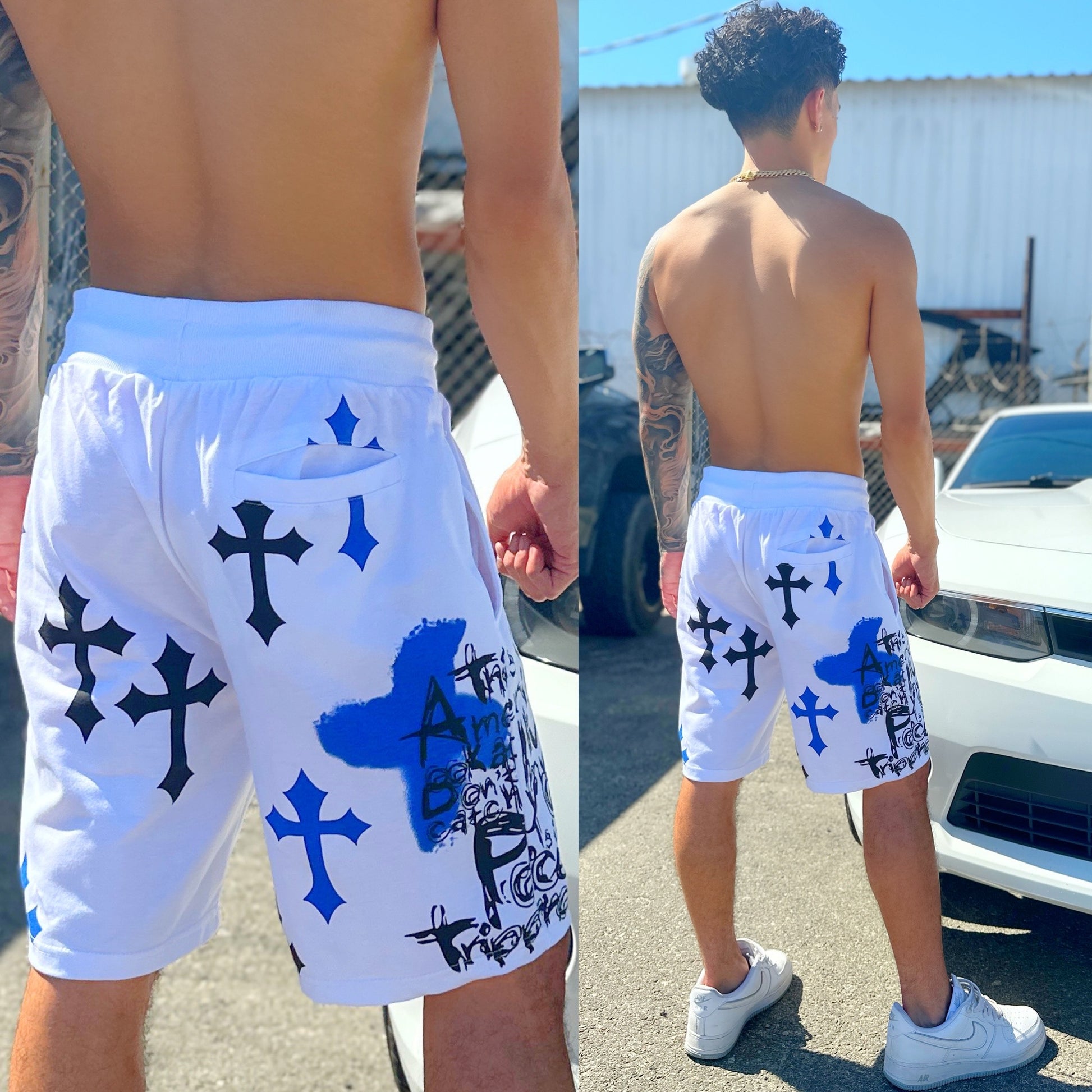 "Ride Or Die" Skull & Crossbones White Sweatshorts, Back Side