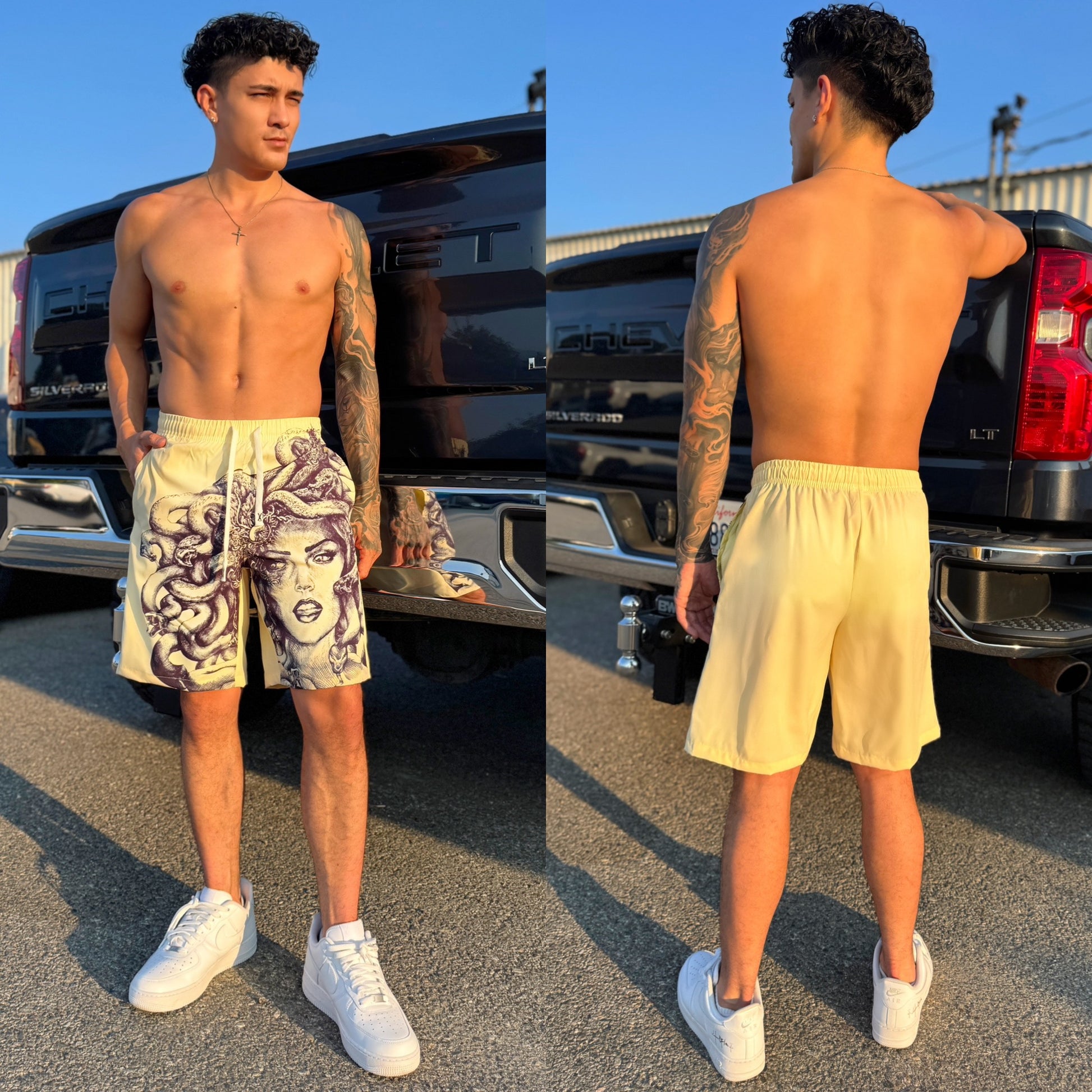 Stone Cold Yellow Medusa Shorts, detail