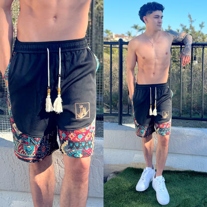 Black Aztec Wave Shorts, front side