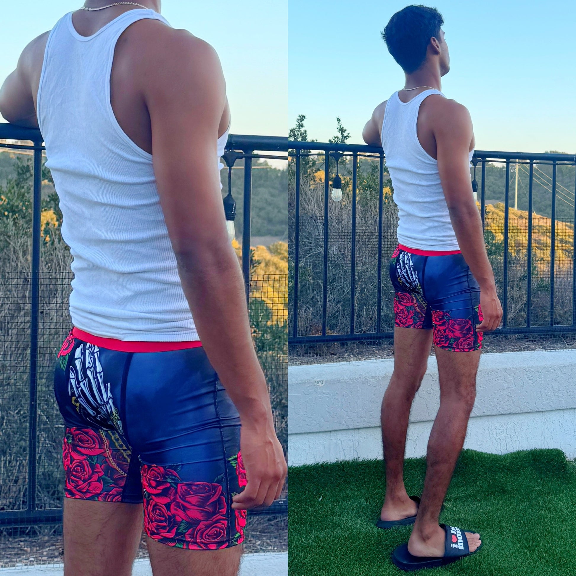 Chicano Chains & Skeleton Roses Boxers, back side, modeled by nico