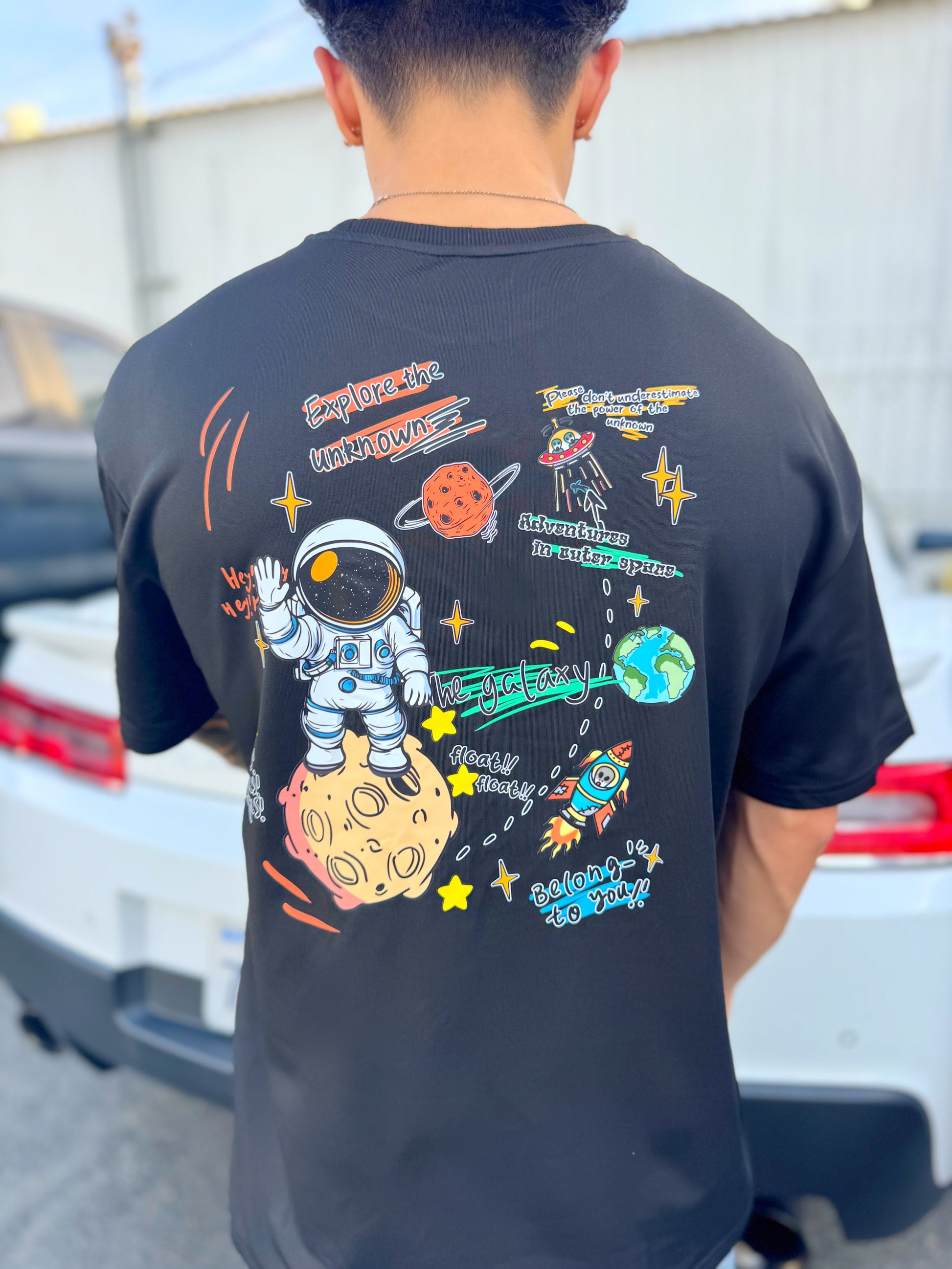 Black Cosmic Drip Crew Neck T-Shirt, color